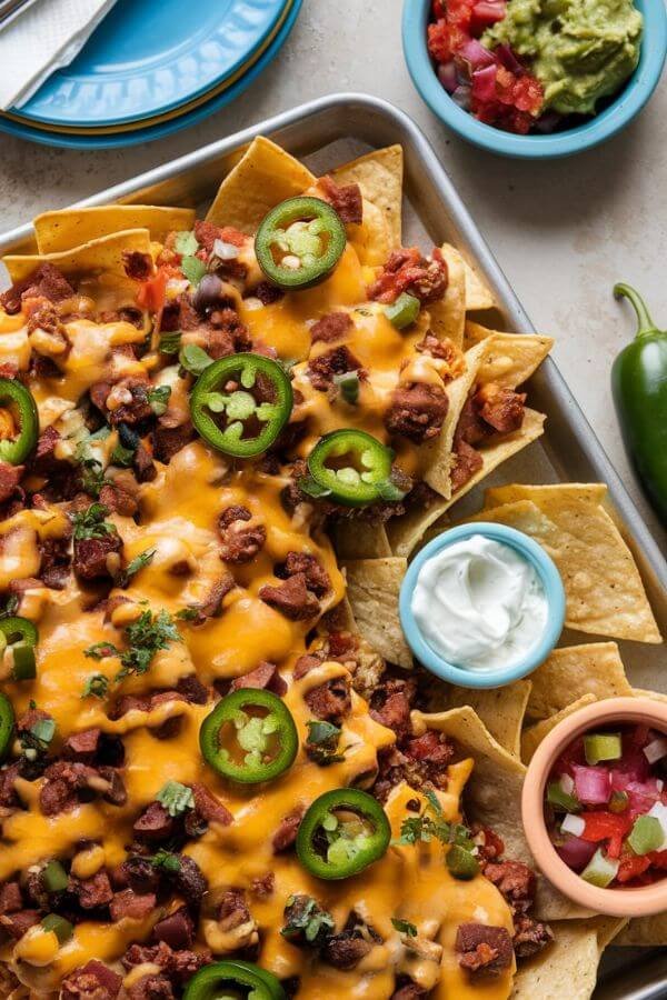 A deliciously loaded tray of nachos on a sheet pan, fresh out of the oven, with golden bubbling cheese, vibrant jalapeños, and colorful sides like guacamole, salsa, and sour cream. A plate and napkin are nearby, inviting you to dig in!