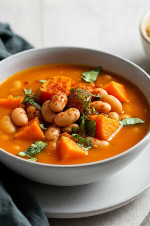 A warm bowl of smoky soup with chunks of sweet potatoes and creamy white beans, garnished with a sprinkle of paprika and fresh herbs. Set on a white table with a spoon and a small bowl of cooked quinoa on the side.