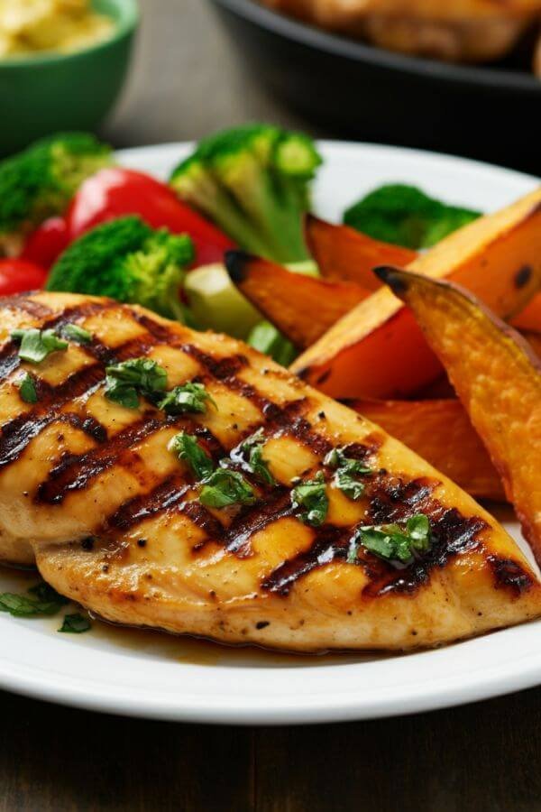 A golden-brown grilled chicken breast glazed with honey garlic sauce, garnished with fresh herbs, alongside charred veggies and sweet potato wedges, served on a white plate.