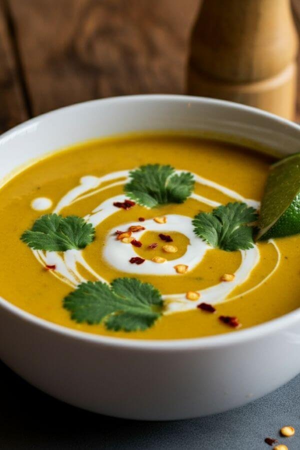 A vibrant bowl of creamy coconut curry white bean soup, topped with fresh cilantro leaves and a swirl of coconut cream. The soup is served in a white bowl, with a wedge of lime and a sprinkle of red pepper flakes on the side. The setting has warm, natural lighting with cozy wooden textures in the background.