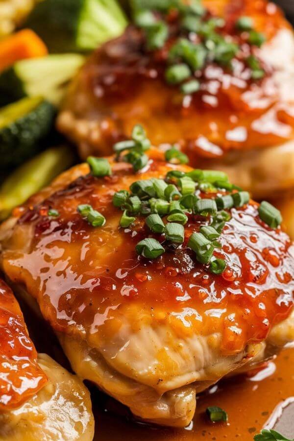 A close-up of golden-brown chicken thighs glazed in a shiny, spicy honey garlic sauce. Garnish with chopped parsley or green onions, with a side of roasted vegetables or rice for a warm, inviting meal setting.