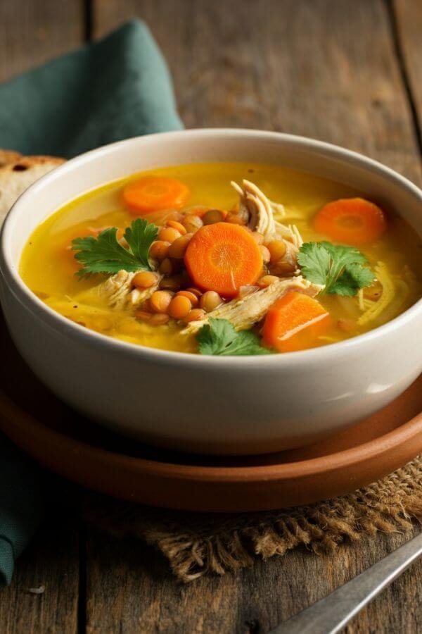 A bowl of vibrant Spicy Lentil and Chicken Soup, topped with a sprinkle of fresh herbs like parsley or cilantro. The soup is steaming, with visible chunks of chicken, soft carrots, and red lentils in a rich, golden broth, paired with a spoon and crusty bread on the side.