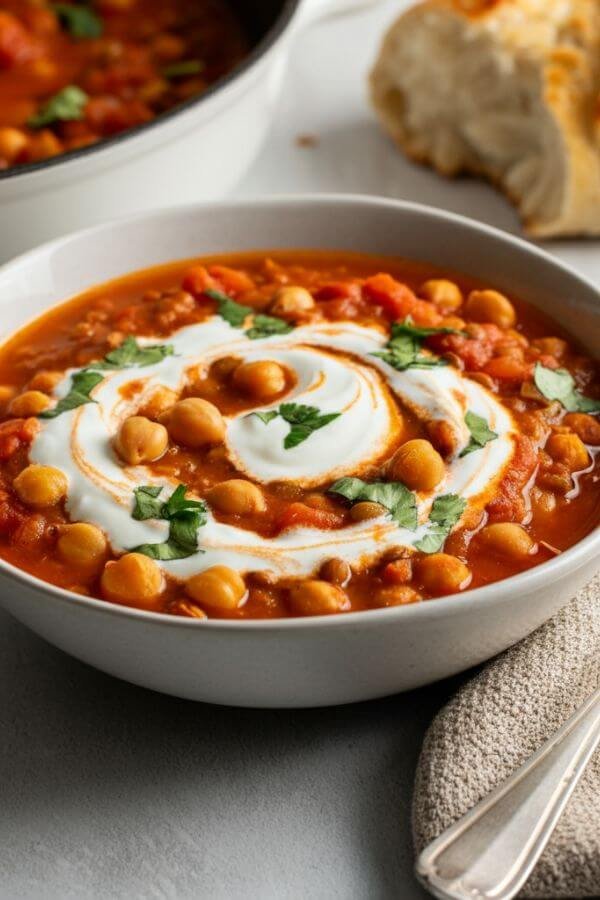 A steaming bowl of Spicy Lentil and Chickpea Stew, garnished with a swirl of Greek yogurt and fresh herbs, served on a white table. A loaf of crusty bread and a spoon sit nearby, with a cozy napkin folded to the side. Warm, earthy tones dominate the scene, emphasizing comfort and heartiness.