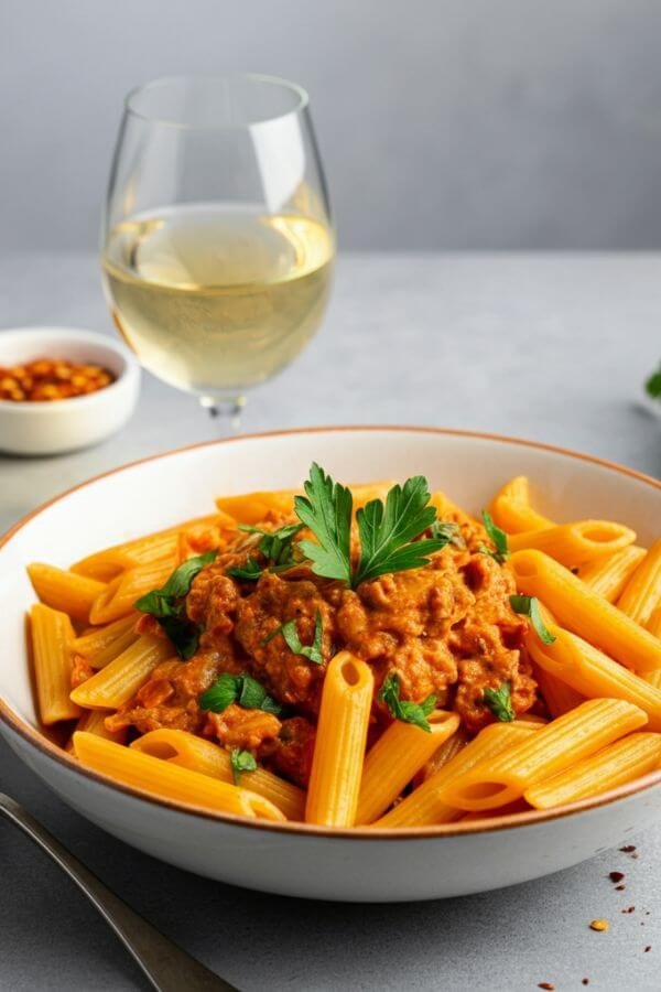 A hearty bowl of penne coated in a vibrant orange-red spicy miso sauce, topped with fresh parsley. The dish is accompanied by a glass of crisp white wine on the side, with a sprinkle of chili flakes and grated cheese on the table for optional toppings. the background is light