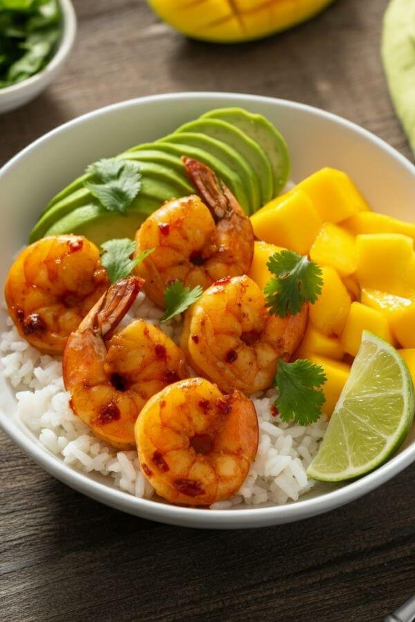 A vibrant rice bowl with golden shrimp glistening from the chili-lime marinade, nestled alongside creamy avocado slices, bright yellow mango chunks, and fresh green cilantro, all atop a bed of fluffy white rice. A lime wedge sits on the edge for garnish.