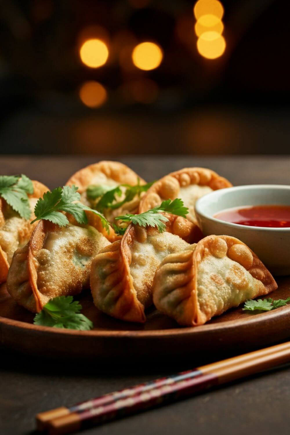 A plate of golden-brown dumplings garnished with fresh cilantro, served alongside a small bowl of sweet chili dipping sauce.