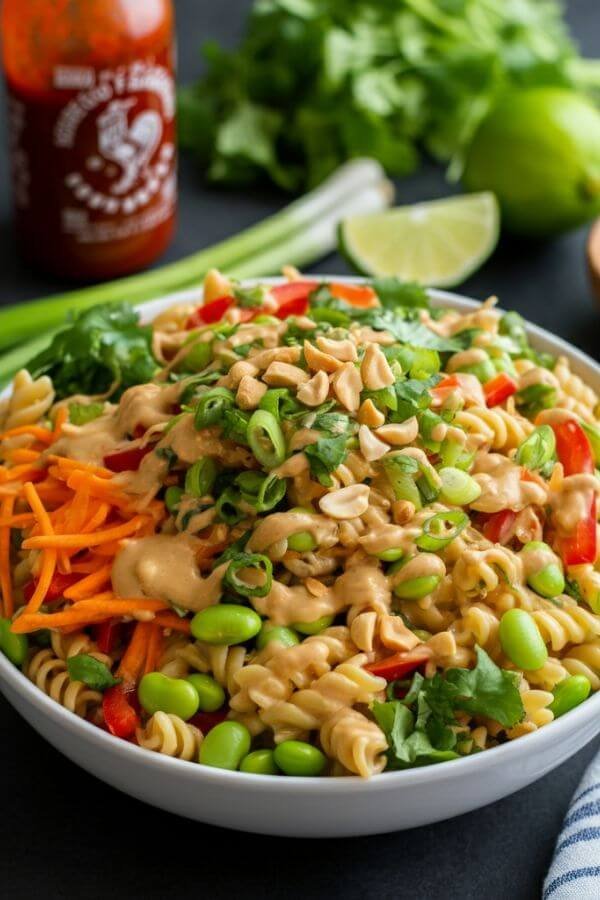 A vibrant bowl of pasta salad featuring colorful veggies like shredded carrots, sliced red bell peppers, green onions, and edamame. Drizzle of creamy peanut dressing over the top and garnished with chopped peanuts and fresh cilantro. Served in a white bowl with lime wedges and sriracha on the side.