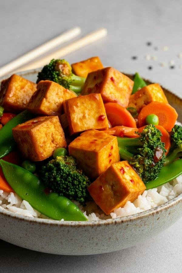 A vibrant plate of Spicy Tofu Stir-Fry featuring golden tofu cubes, colorful vegetables (broccoli, snap peas, carrots), and a glossy sauce served over fluffy rice in a ceramic bowl. The dish is styled on a white table with chopsticks on the side.