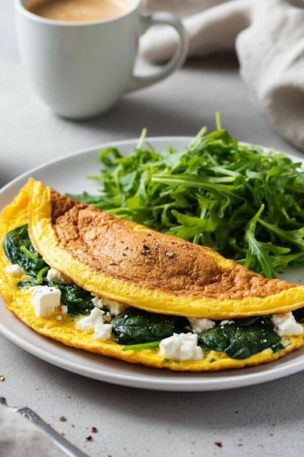 A golden omelette filled with vibrant green spinach and creamy white feta, resting on a white plate with a side of fresh arugula. The dish is lightly garnished with cracked pepper, surrounded by a cozy breakfast setup with a cup of coffee and a linen napkin.