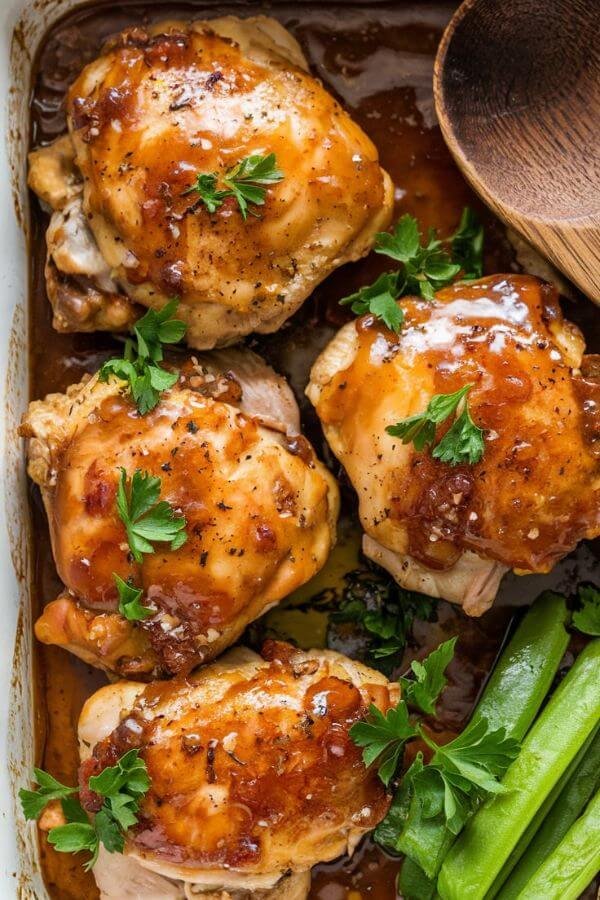 A white baking dish with golden, sticky chicken thighs glistening in a rich honey garlic glaze. The dish is garnished with fresh parsley and served alongside a rustic wooden spoon and a side of steamed vegetables.