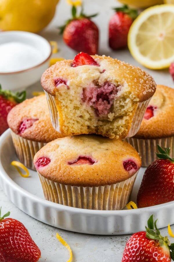 A bright and inviting close look image of freshly baked strawberry lemon muffins resting on a white dish. The muffins are golden brown with a lightly sugared crisp top, revealing chunks of fresh strawberries inside. Surround the muffins with scattered lemon zest, fresh strawberries, and a small bowl of sugar for added detail.