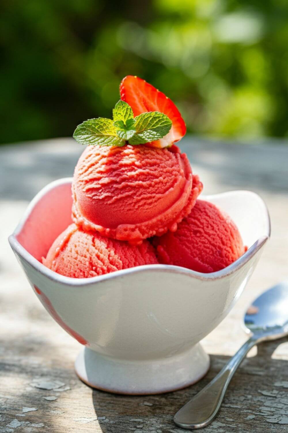 A vibrant scoop of strawberry sorbet in a small bowl, garnished with a fresh strawberry and a sprig of mint, set against a sunny outdoor backdrop.