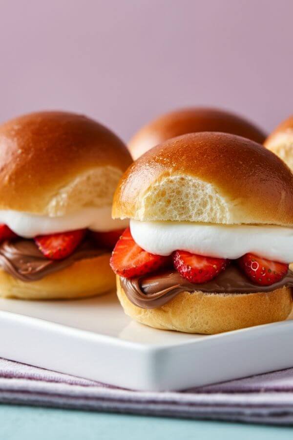 A close-up of mini dessert sliders on a white platter. Each slider is filled with glossy chocolate hazelnut spread, fresh slices of strawberries, and fluffy whipped cream peeking out from between lightly toasted golden buns. the backgound is light