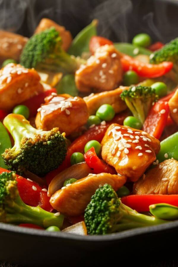 A vibrant stir fry with golden-glazed chicken pieces, colorful vegetables (broccoli, red bell peppers, snap peas), and glistening teriyaki sauce in a sizzling skillet, served with a sprinkle of sesame seeds.