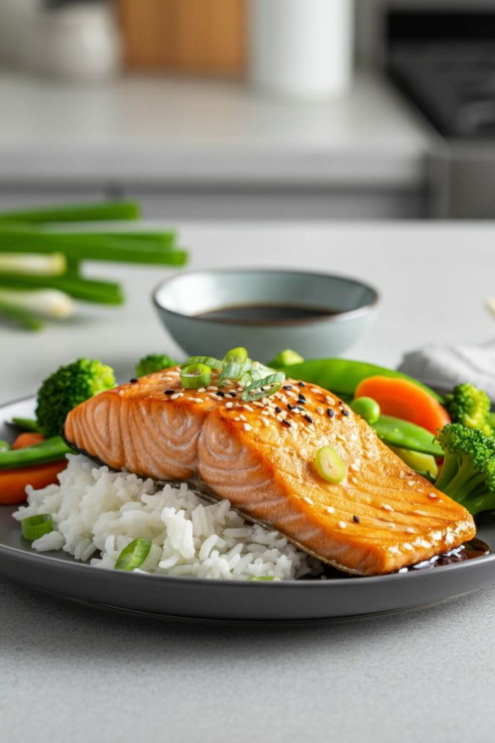 A beautifully plated teriyaki glazed salmon fillet, golden brown and slightly caramelized, resting on a bed of fluffy white steamed rice. Garnish the salmon with a sprinkle of sesame seeds and vibrant green onions. Surround the dish with colorful steamed vegetables like broccoli, carrots, and snap peas. The background is a clean, modern kitchen counter with soft natural lighting highlighting the glossy glaze on the salmon. Include a small bowl of extra teriyaki sauce and chopsticks placed neatly on the side.