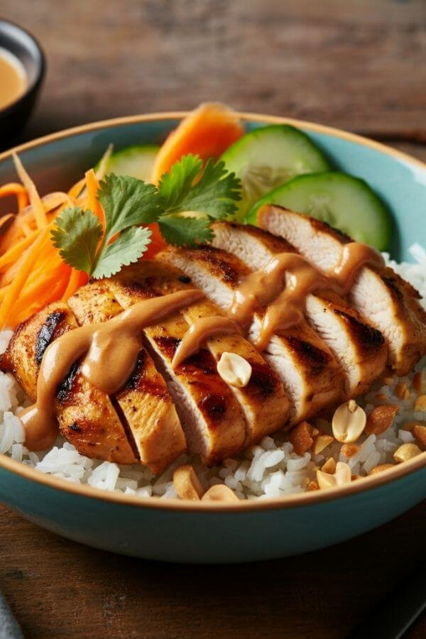 A vibrant rice bowl with perfectly grilled chicken slices on a bed of jasmine rice, drizzled with creamy peanut sauce. Garnish with crushed peanuts, fresh cilantro, and colorful cucumber and carrot slices for a fresh, inviting look.