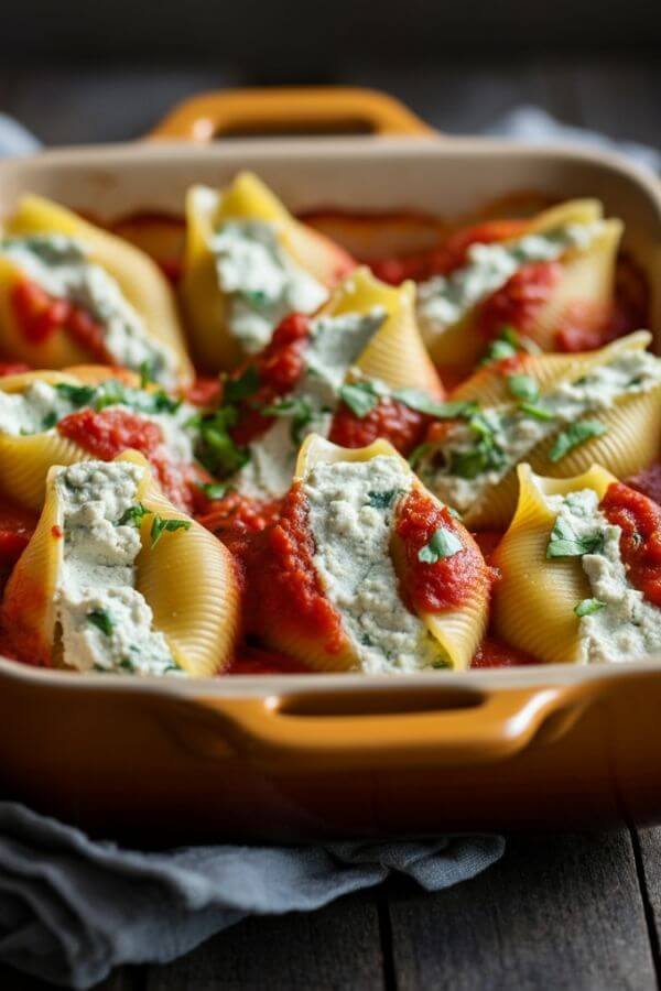 A baking dish filled with jumbo pasta shells stuffed with creamy tofu ricotta, topped with marinara sauce and fresh parsley, baked to perfection with a slightly bubbly texture.