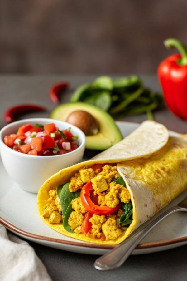 A warm, golden tofu scramble wrapped in a tortilla, with colorful bell peppers and spinach peeking out, next to a side of salsa and avocado slices. Place on a white dish with a light background.