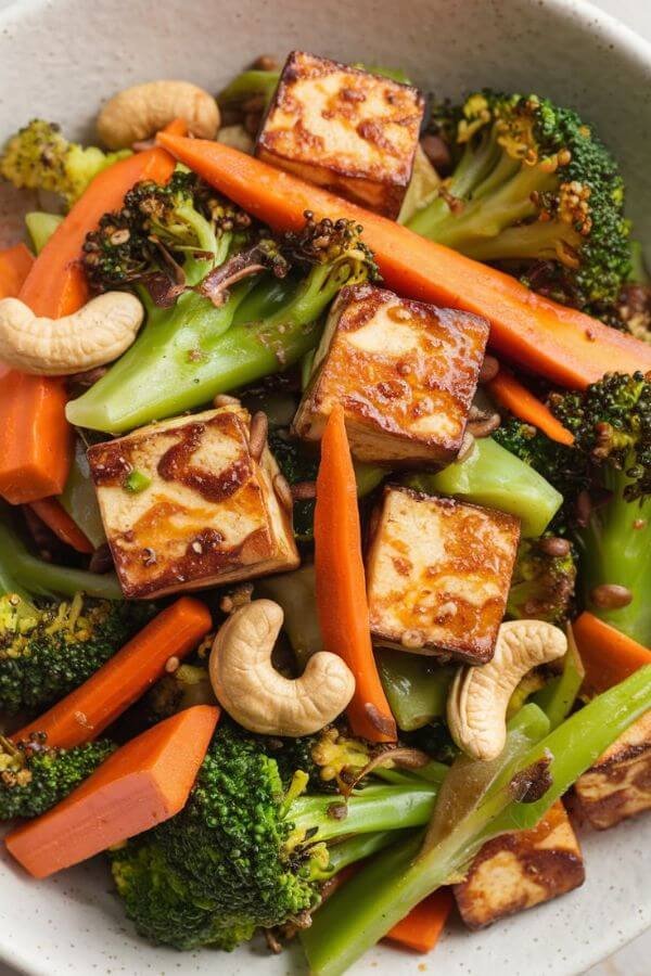 A colorful stir-fry with crispy tofu cubes, vibrant broccoli, orange carrots, and golden cashews, served in a shallow white bowl with chopsticks on the side.