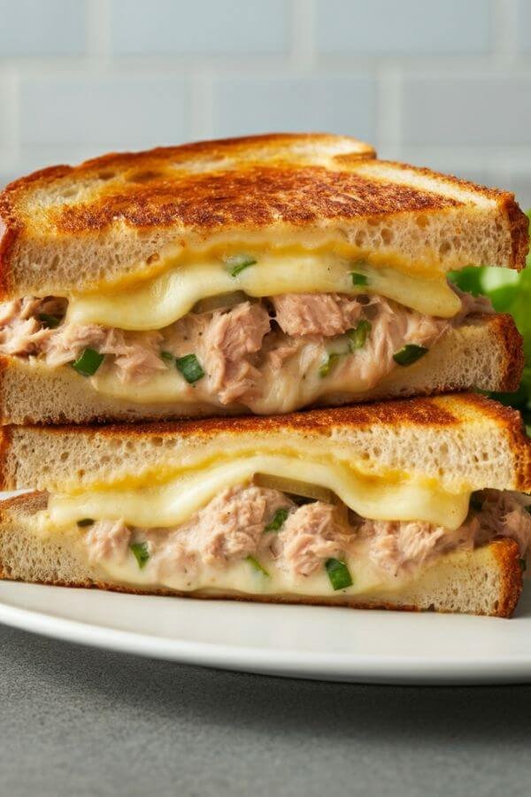 A gooey, golden-brown tuna melt sandwich, sliced in half to show the melted cheddar and creamy tuna filling, served on a white dish with a side salad.