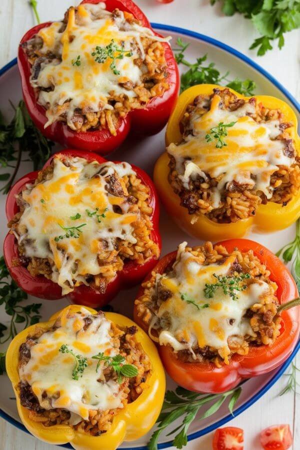 A vibrant photo of four colorful bell peppers stuffed to the brim with a savory turkey and rice mixture, baked until tender and topped with golden, melted cheese. The dish is placed on a WHITE table with fresh herbs and diced tomatoes scattered around for garnish.