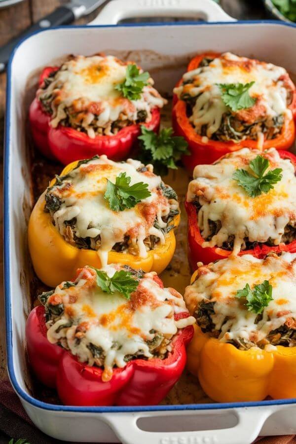 A white baking dish filled with vibrant red, yellow, and orange bell peppers stuffed to the brim with a savory turkey-spinach mixture. The tops are golden, with gooey, melted cheese spilling over the edges. Fresh parsley is sprinkled on top, adding a pop of green, and everything is set against a rustic wooden table.