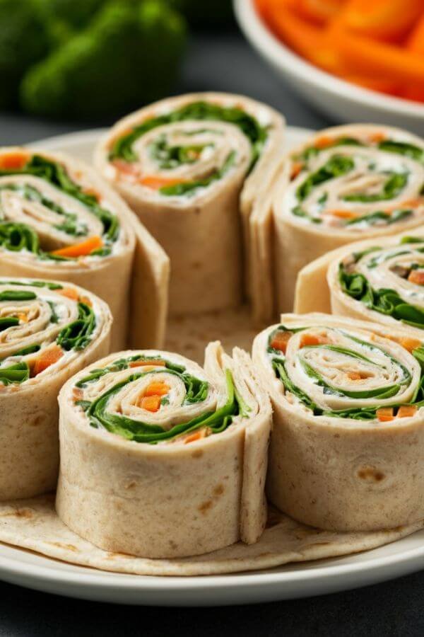 A colorful plate of bite-sized pinwheels arranged in a circle. The pinwheels should showcase the vibrant layers of turkey, spinach, and bright orange and red veggies, with a creamy swirl of cream cheese visible in the center. Include a whole grain tortilla and fresh veggie sides for context. 