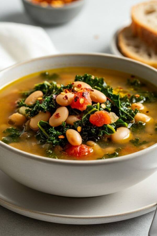 A steaming bowl of golden-brown Tuscan White Bean Soup with vibrant green kale, chunks of white beans, and diced tomatoes. Garnish with a sprinkle of red pepper flakes and a drizzle of olive oil, with a slice of rustic bread on the side. All set on a white table with a white linen napkin.