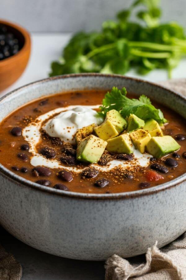 A cozy bowl of vegan black bean soup served on a white table. The soup is rich and hearty, with visible chunks of black beans and tomatoes, partially blended for a creamy texture. Topped with a dollop of vegan sour cream, fresh avocado slices, and a sprinkle of cumin, the bowl sits alongside a rustic napkin and a spoon. In the background, there’s a bunch of fresh cilantro and a small bowl of black beans for added context. Warm, natural lighting enhances the comforting vibe.