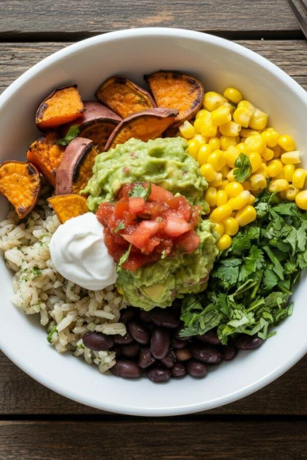 A vibrant bowl featuring layers of fresh cilantro-lime rice, black beans, roasted sweet potato chunks, bright yellow corn, and creamy guacamole. Garnished with crisp tortilla strips, a drizzle of salsa, and a dollop of dairy-free sour cream, all presented in a white bowl.