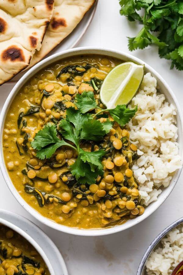 A bowl of vibrant vegan lentil and spinach curry, garnished with fresh cilantro and a wedge of lime, served alongside cauliflower rice and warm naan bread on a WHITE table. The dish should look hearty and inviting, with a creamy golden hue and specks of green spinach.