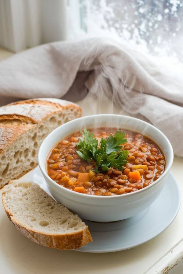 A cozy close look of bowl of vegetable lentil soup, garnished with fresh parsley, steaming next to a slice of crusty bread on a white table. Background includes a light winter-themed setup with a soft napkin and snow-covered window.