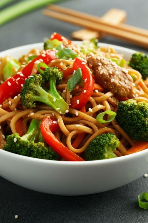 A colorful bowl of vegetable stir-fry with ramen noodles, featuring vibrant bell peppers, broccoli, and carrots mixed with glossy noodles, served in a white bowl and topped with sesame seeds and chopped green onions.