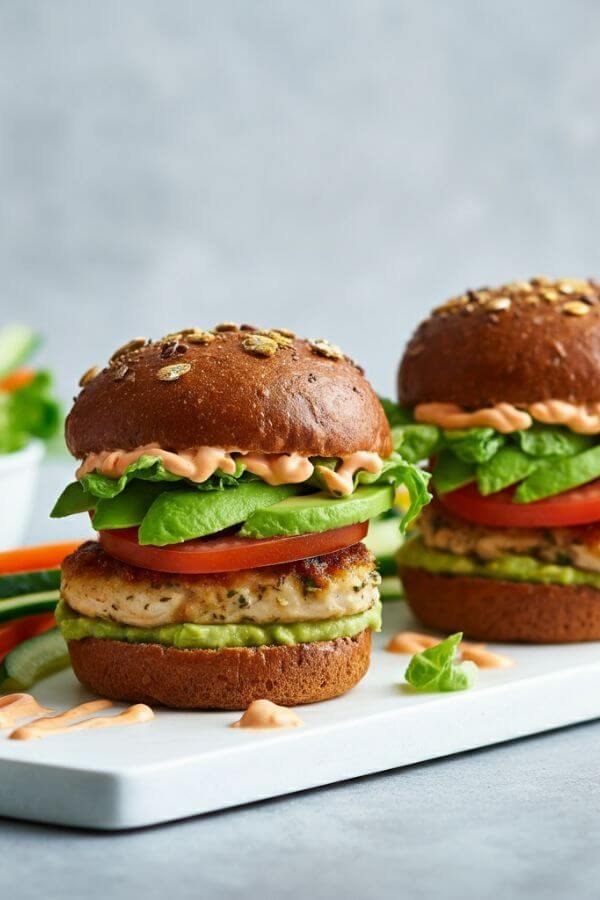 A plate of golden-brown chicken sliders stacked with vibrant green lettuce, juicy red tomato slices, creamy avocado, and whole-grain buns. The sliders are arranged on a white board, garnished with a drizzle of sriracha mayo and a side of fresh vegetables.