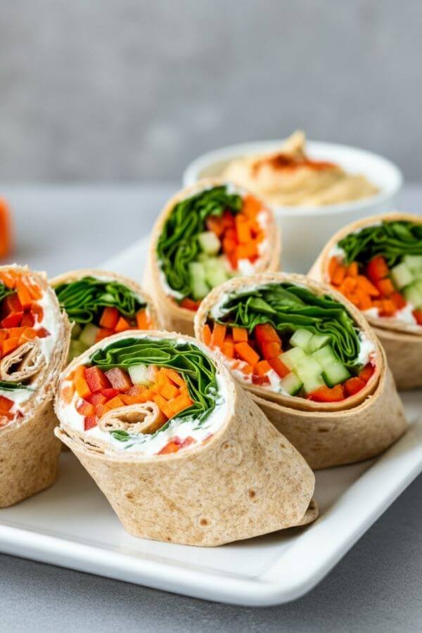 4 vibrant, fresh veggie wrap sliced in half, showcasing colorful layers of carrots, cucumbers, spinach, and bell peppers,  cream cheese evenly over the whole wheat tortilla, placed on a white dish with a small dish of hummus on the side. the background is light