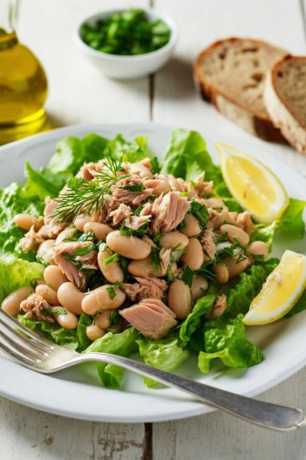 A close look of light, fresh salad featuring white beans and chunks of tuna, garnished with vibrant green parsley and dill. The salad is plated on a white dish, with a slice of crusty bread and lemon wedges on the side. A drizzle of olive oil glistens on top, and the setup is complemented by a wooden white table background.