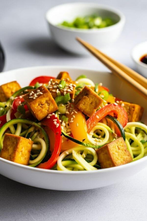 A vibrant bowl of stir-fry featuring green zucchini noodles, golden-brown tofu cubes, and colorful slices of red and yellow bell peppers. The dish is topped with a sprinkle of sesame seeds, served in a white bowl on a white table with chopsticks, and accompanied by a small dish of soy sauce