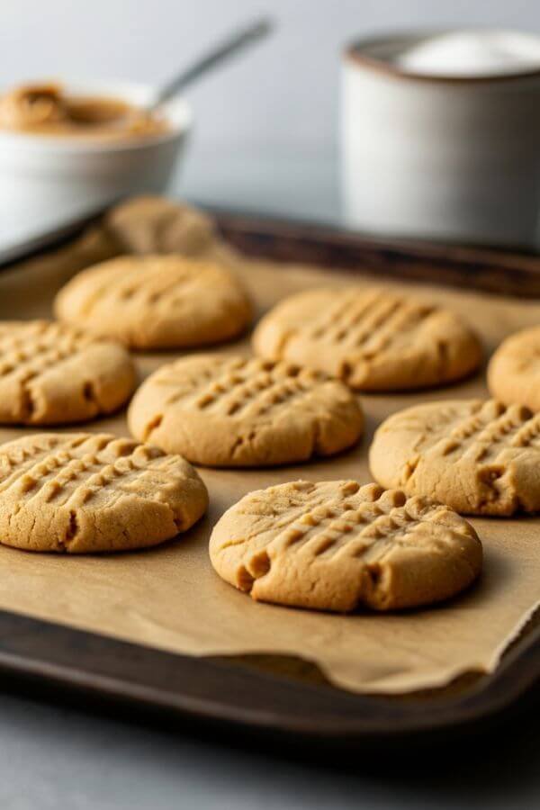 A batch of golden-brown peanut butter cookies on a parchment-lined baking sheet, with a crisscross fork pattern on top. Include a small bowl of peanut butter and a cup of sugar in the background for a cozy, homemade vibe.