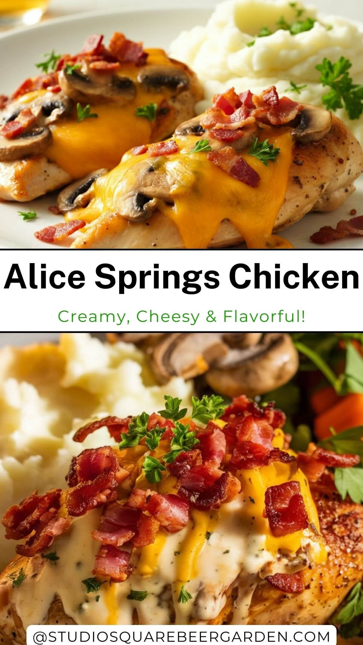 This restaurant-quality Alice Springs Chicken recipe is a must-try! Perfectly seasoned grilled chicken, covered in sweet & tangy honey mustard sauce, topped with crispy bacon, mushrooms, and gooey cheese. A mouthwatering skillet dinner that’s easy & satisfying! 