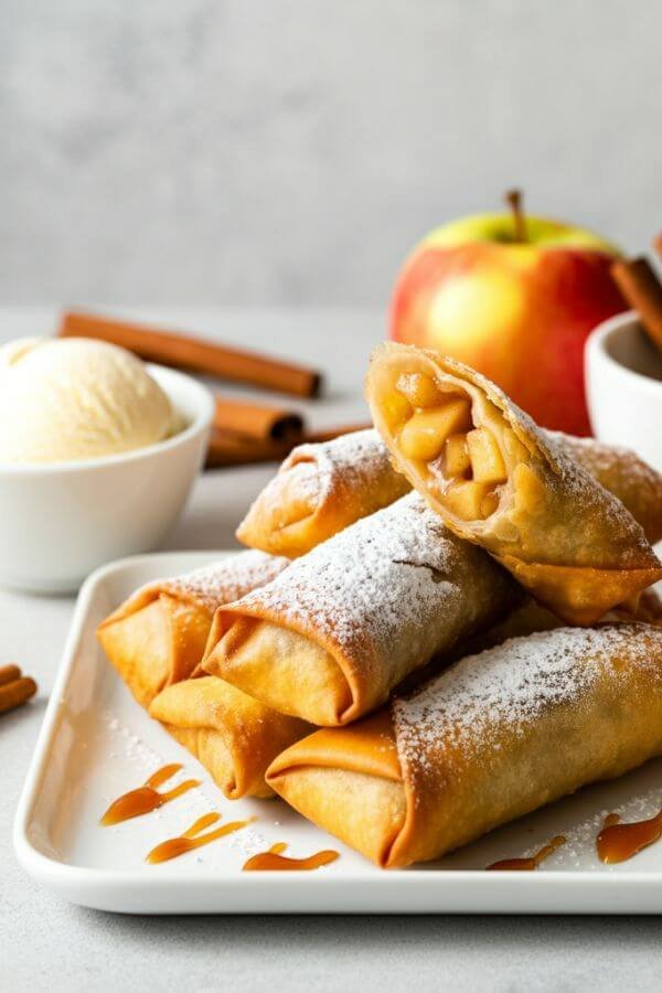 A close-up image of golden-brown apple pie dessert spring rolls, freshly fried and placed on a white dish. The rolls are dusted with powdered sugar, with a drizzle of caramel sauce nearby. Include a small bowl of vanilla ice cream on the side and a scattering of cinnamon sticks and fresh apple slices for garnish.