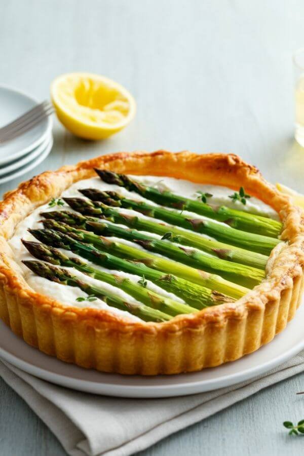 A golden-brown tart with a flaky puff pastry crust, topped with vibrant green asparagus spears laid neatly on a creamy ricotta base, served on a white dish with a side of fresh lemon slices and a sprig of thyme.