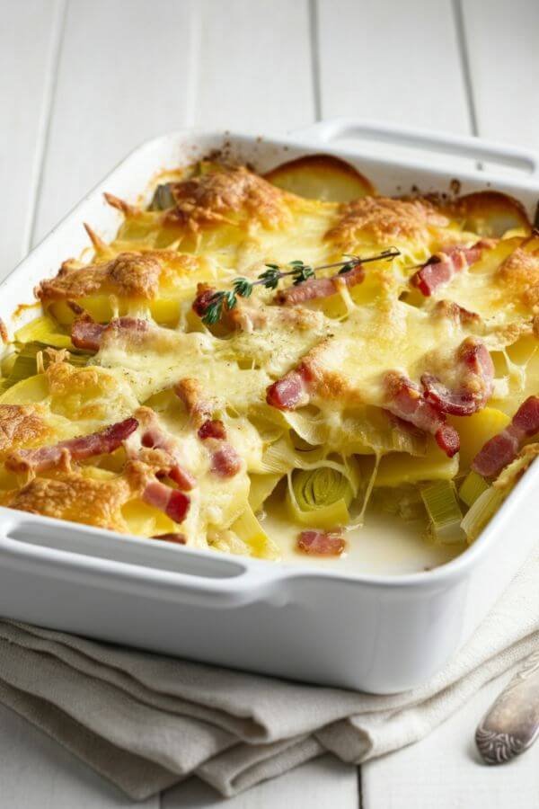 A golden, bubbling casserole in a white baking dish, with layers of crispy bacon, melted Gruyère cheese, thinly sliced potatoes, and tender leeks visible. Place on a white table with a serving spoon and a sprig of fresh thyme for garnish.