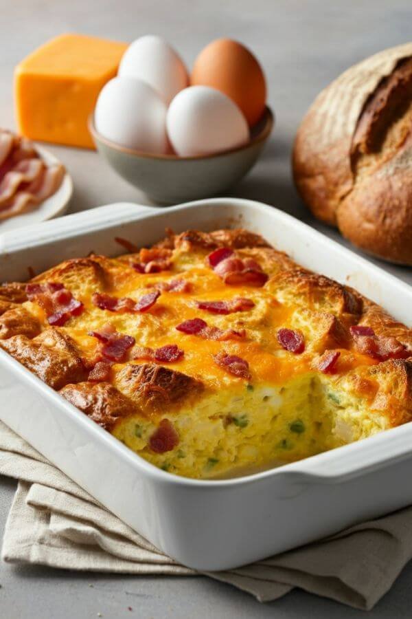 A golden-brown breakfast casserole in a white or glass baking dish, with melted cheese on top, crispy bits of bacon visible, and a fluffy interior of eggs and bread. The dish is surrounded by ingredients like eggs, bacon strips, a block of cheddar cheese, and a loaf of bread for a cozy, appetizing presentation.