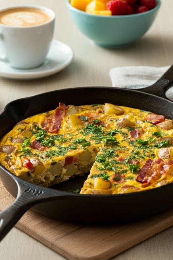 A close look of A golden-brown frittata in a cast-iron skillet, garnished with fresh parsley. Crispy bacon and diced potatoes are visible in each slice, with melted cheese adding a touch of indulgence. Serve it on a light wooden table alongside a cup of coffee and fresh fruit for the perfect brunch spread.