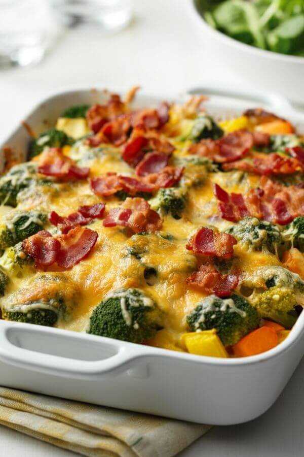 A vibrant casserole dish(white) filled with layers of colorful steamed vegetables, golden-brown melted cheese, and crispy bacon crumbles on top, served on a white table with a side of fresh greens.