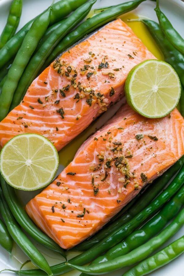 A vibrant, appetizing plate featuring perfectly baked salmon fillets with a light golden crust, garnished with a wedge of lime. Surround the salmon with tender, bright green beans (stems removed) glistening with olive oil.