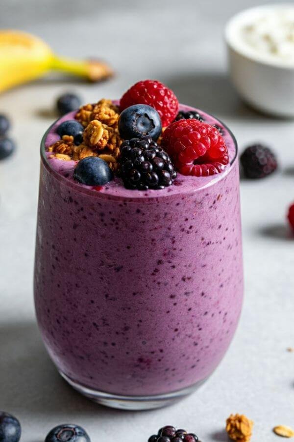 A vibrant purple smoothie in a clear glass, topped with fresh berries and a sprinkle of granola for texture. The background is a clean white, minimal kitchen counter with a few scattered berries, a banana, and a small bowl of Greek yogurt nearby. The scene is naturally lit, emphasizing the rich, colorful ingredients and the creamy texture of the smoothie.