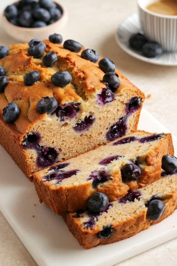 A moist loaf of golden banana bread studded with plump blueberries, sliced to reveal a soft, fruity interior. Place it on a white cutting board, with a small bowl of fresh blueberries and a cup of coffee in the background for a cozy, inviting vibe.