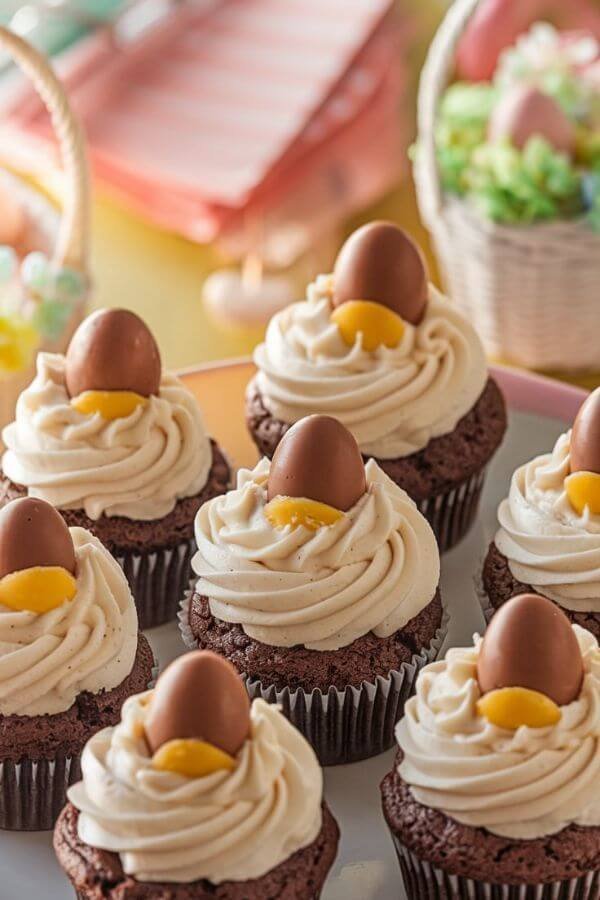 A close-up shot of Cadbury Creme Egg Chocolate Cupcakes arranged on a white plate. Each cupcake is topped with a swirl of fluffy frosting, some with a touch of yellow in the center to mimic a “yolk,” and finished with a mini Cadbury Creme Egg on top. The background features soft Easter-themed decor, like pastel napkins, flowers, or small egg baskets, with warm natural lighting highlighting the rich chocolate texture and creamy frosting detail.