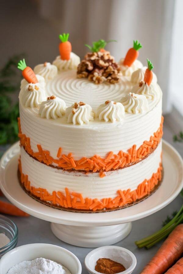 A beautifully frosted carrot cake with cream cheese frosting, set on a white dish. The cake is two layers high, with smooth white frosting covering the entire surface and a few decorative swirls on top. Garnish includes a sprinkle of crushed walnuts and a few edible carrot-shaped decorations. Surrounding the cake are key ingredients like fresh carrots, a bowl of powdered sugar, and a small dish of cinnamon, all arranged in soft natural lighting for a cozy, inviting atmosphere.